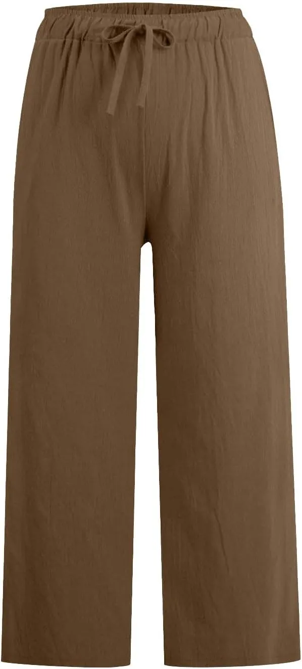 Cotton Linen Pants for Women Wide Leg Cropped Lounge Trousers Drawstring Elastic Waist Summer Beach Pant Outfits