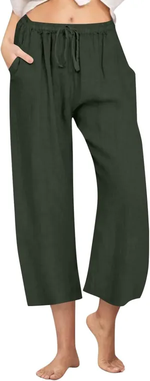 Cotton Linen Pants for Women Wide Leg Cropped Lounge Trousers Drawstring Elastic Waist Summer Beach Pant Outfits