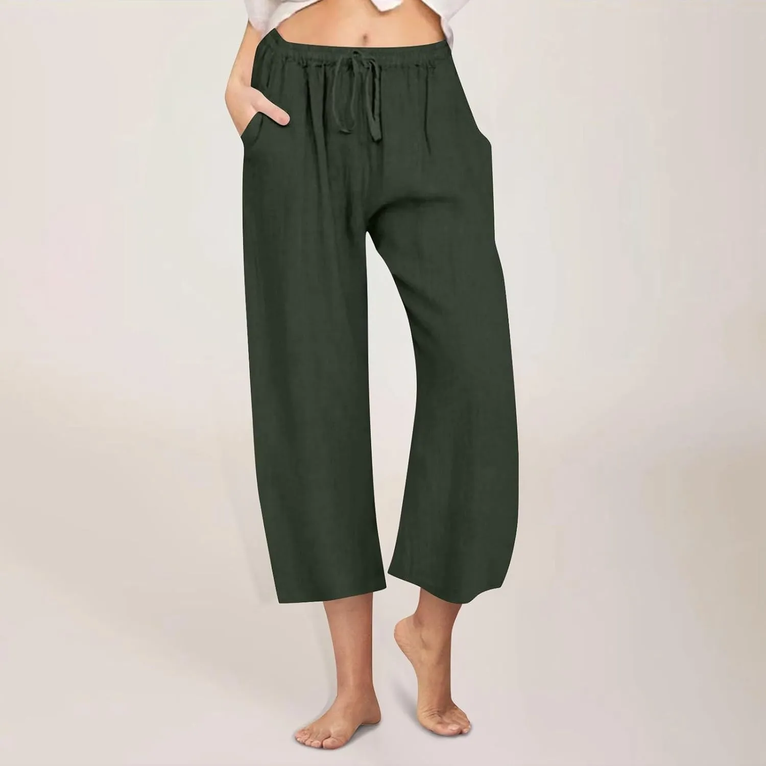 Cotton Linen Pants for Women Wide Leg Cropped Lounge Trousers Drawstring Elastic Waist Summer Beach Pant Outfits