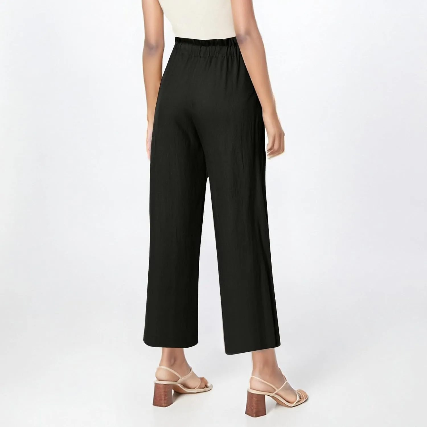 Cotton Linen Pants for Women Wide Leg Cropped Lounge Trousers Drawstring Elastic Waist Summer Beach Pant Outfits