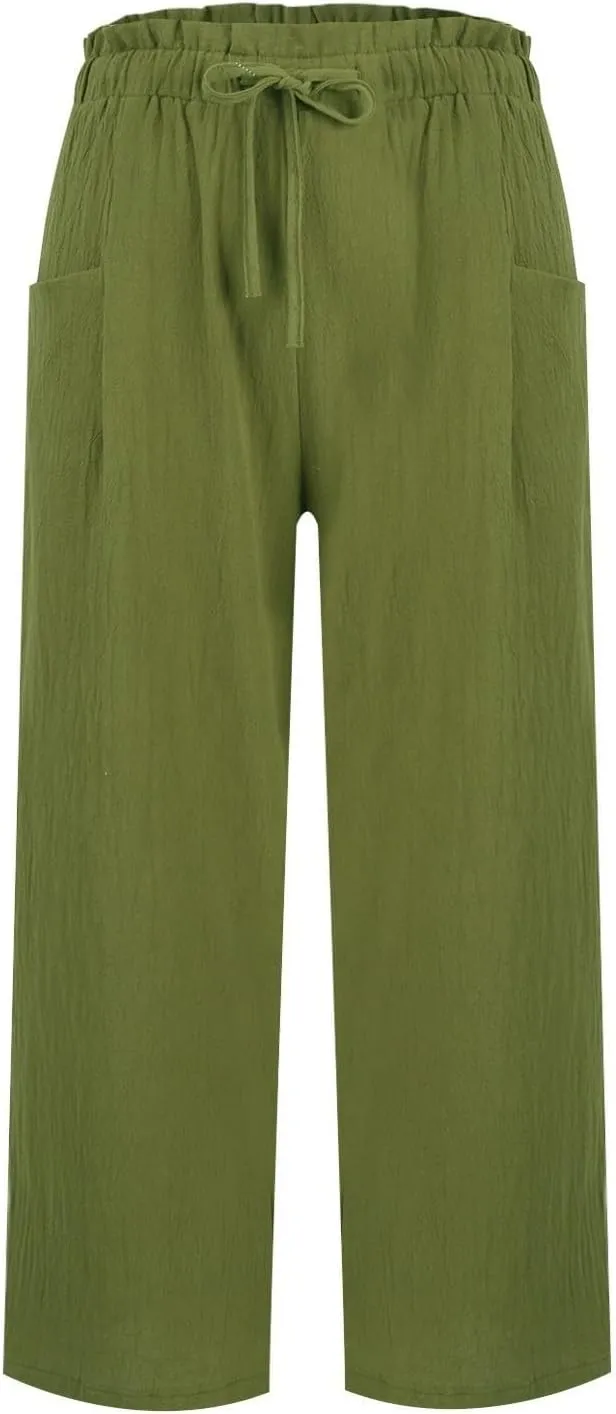 Cotton Linen Pants for Women Wide Leg Cropped Lounge Trousers Drawstring Elastic Waist Summer Beach Pant Outfits