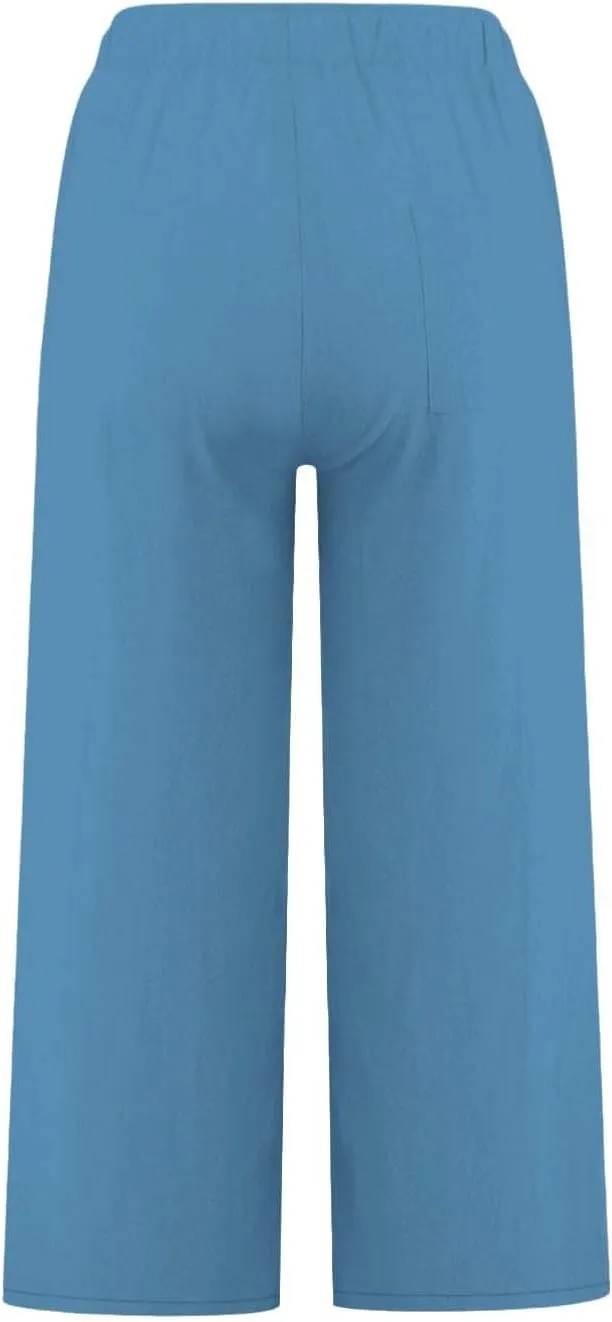 Cotton Linen Pants for Women Wide Leg Cropped Lounge Trousers Drawstring Elastic Waist Summer Beach Pant Outfits