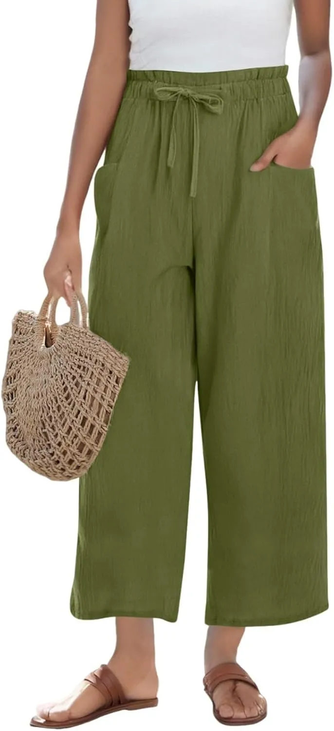 Cotton Linen Pants for Women Wide Leg Cropped Lounge Trousers Drawstring Elastic Waist Summer Beach Pant Outfits