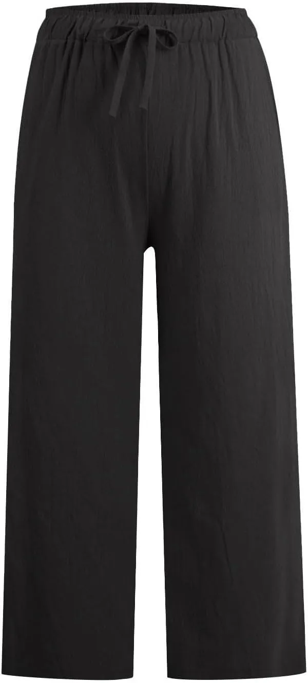 Cotton Linen Pants for Women Wide Leg Cropped Lounge Trousers Drawstring Elastic Waist Summer Beach Pant Outfits