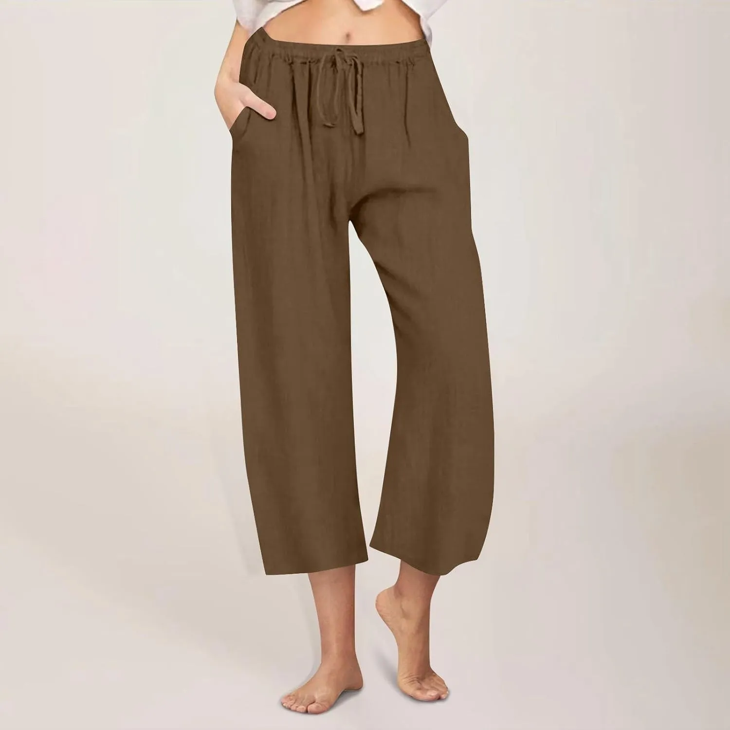 Cotton Linen Pants for Women Wide Leg Cropped Lounge Trousers Drawstring Elastic Waist Summer Beach Pant Outfits