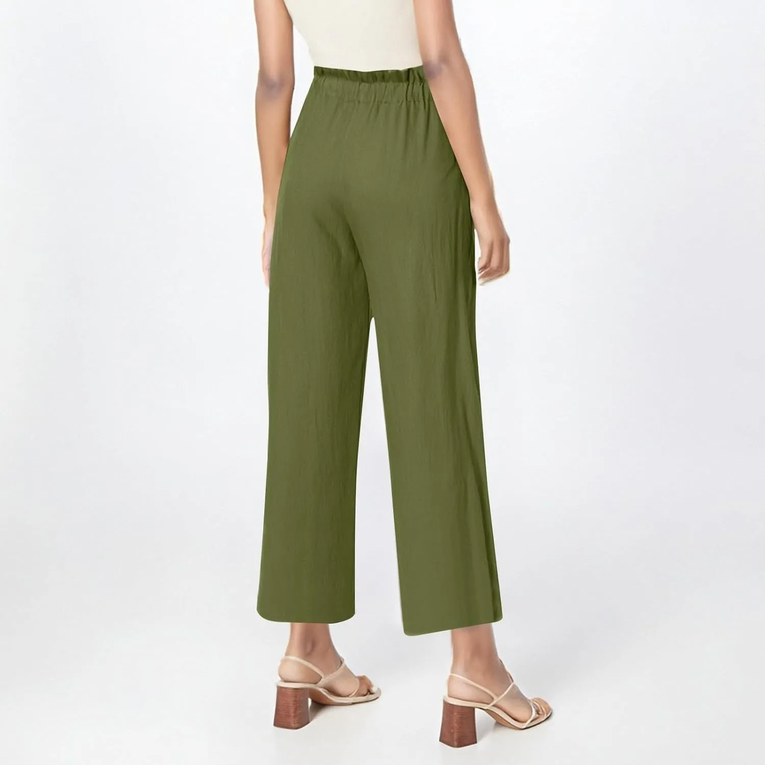 Cotton Linen Pants for Women Wide Leg Cropped Lounge Trousers Drawstring Elastic Waist Summer Beach Pant Outfits