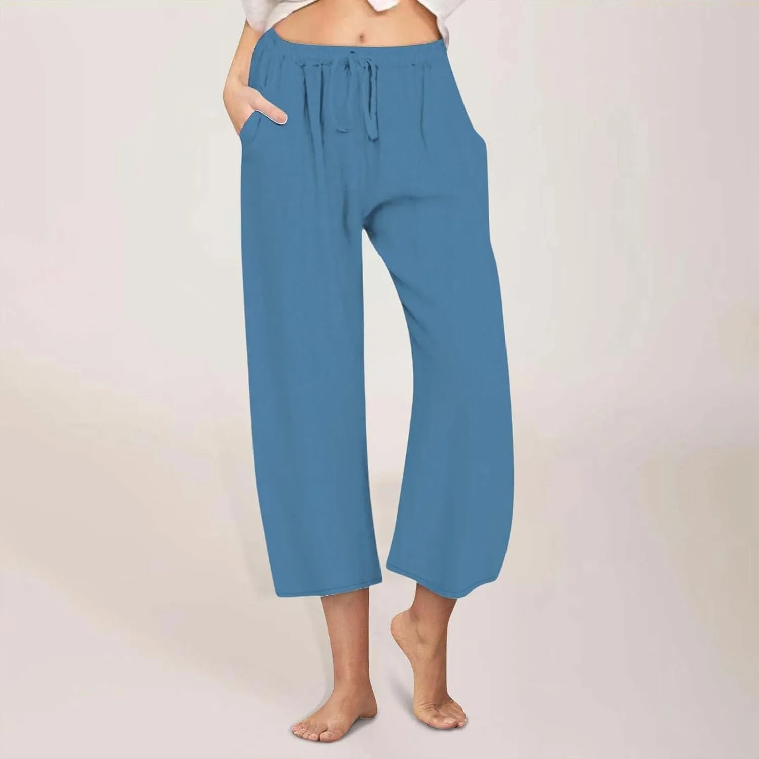 Cotton Linen Pants for Women Wide Leg Cropped Lounge Trousers Drawstring Elastic Waist Summer Beach Pant Outfits
