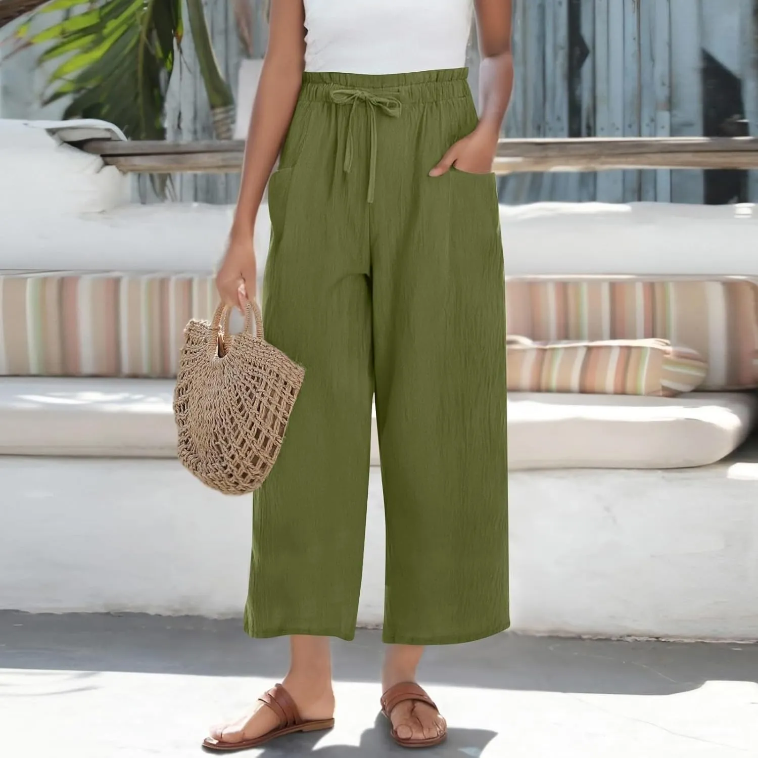 Cotton Linen Pants for Women Wide Leg Cropped Lounge Trousers Drawstring Elastic Waist Summer Beach Pant Outfits