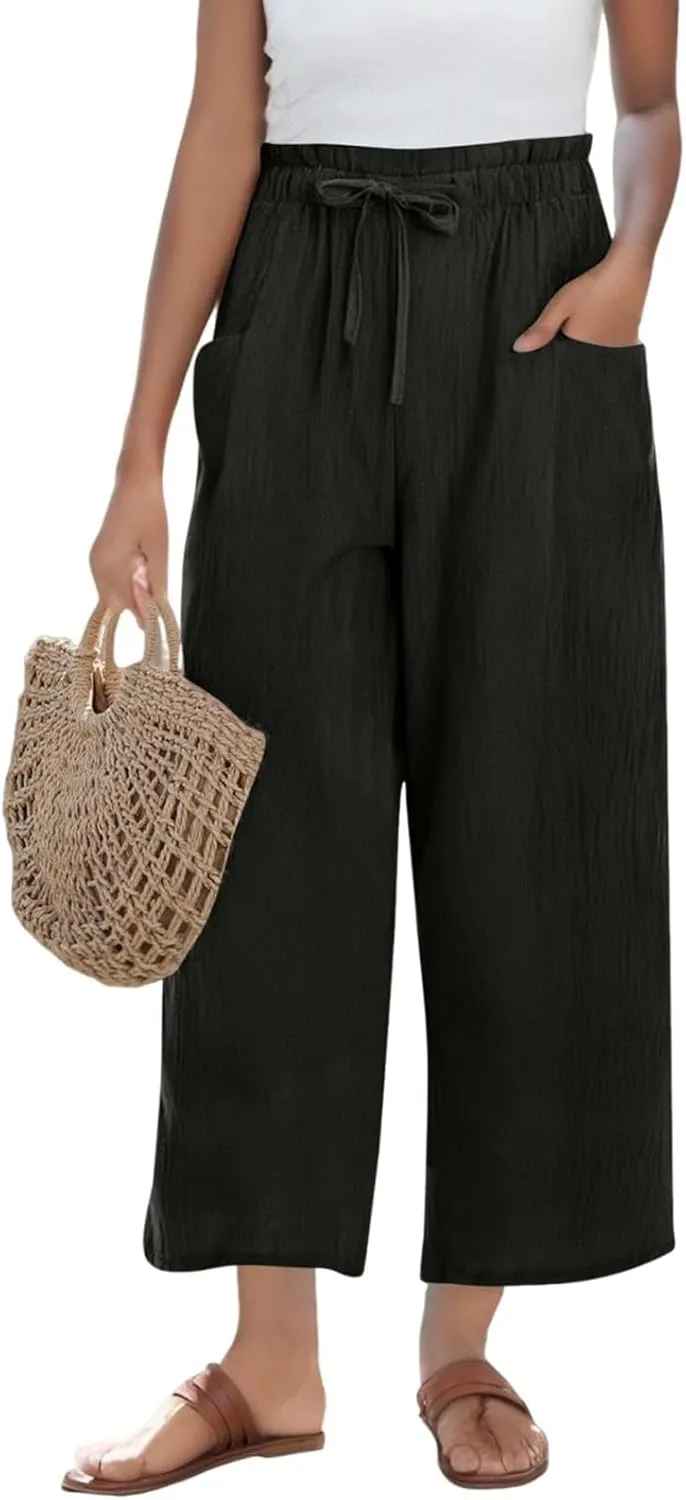 Cotton Linen Pants for Women Wide Leg Cropped Lounge Trousers Drawstring Elastic Waist Summer Beach Pant Outfits