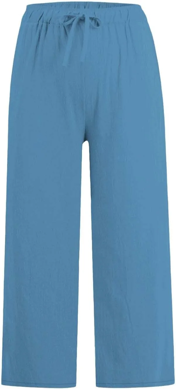 Cotton Linen Pants for Women Wide Leg Cropped Lounge Trousers Drawstring Elastic Waist Summer Beach Pant Outfits