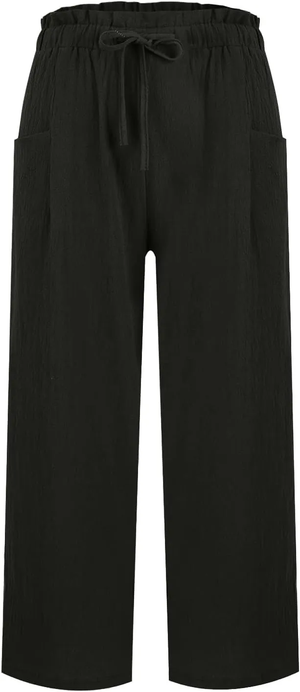 Cotton Linen Pants for Women Wide Leg Cropped Lounge Trousers Drawstring Elastic Waist Summer Beach Pant Outfits