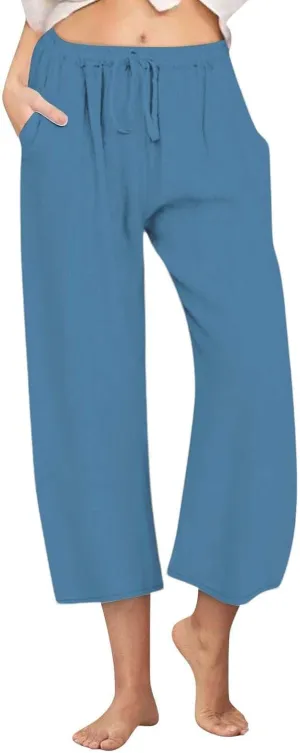 Cotton Linen Pants for Women Wide Leg Cropped Lounge Trousers Drawstring Elastic Waist Summer Beach Pant Outfits