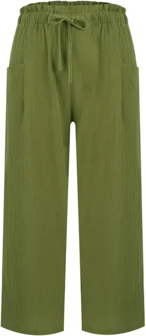 Cotton Linen Pants for Women Wide Leg Cropped Lounge Trousers Drawstring Elastic Waist Summer Beach Pant Outfits