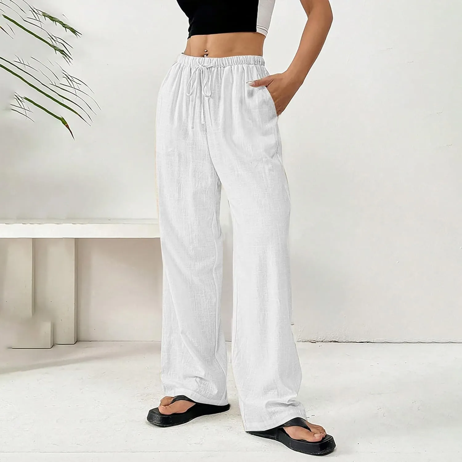 Cotton Linen Pants for Womens Loose Fit Breathable Cool Summer Outdoor Hiking Trousers Elastic Waist Drawstring Pants