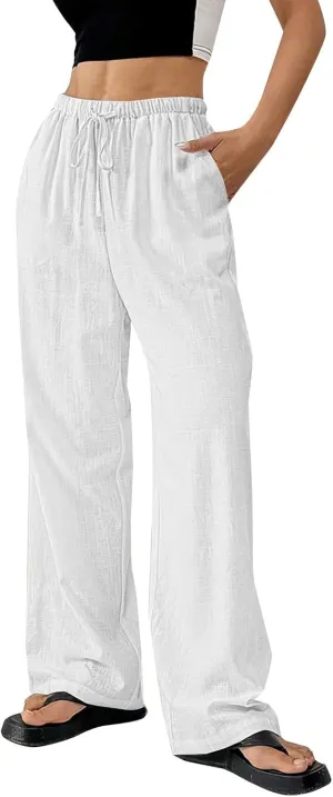 Cotton Linen Pants for Womens Loose Fit Breathable Cool Summer Outdoor Hiking Trousers Elastic Waist Drawstring Pants