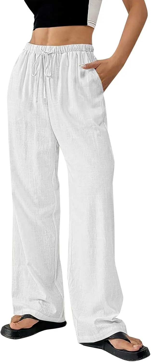 Cotton Linen Pants for Womens Loose Fit Breathable Cool Summer Outdoor Hiking Trousers Elastic Waist Drawstring Pants