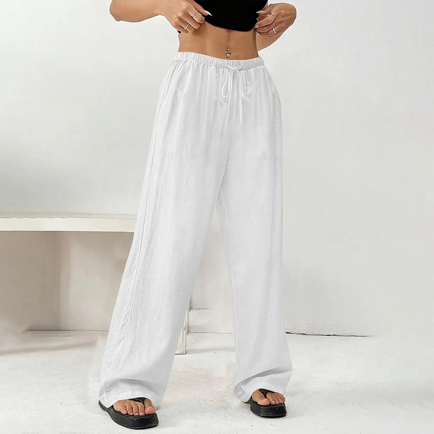 Cotton Linen Pants for Womens Loose Fit Breathable Cool Summer Outdoor Hiking Trousers Elastic Waist Drawstring Pants