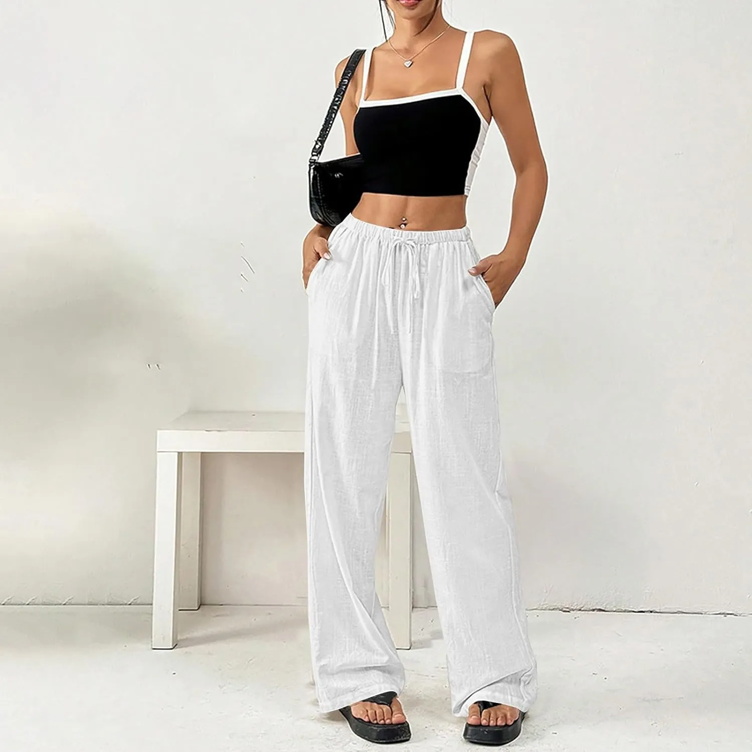 Cotton Linen Pants for Womens Loose Fit Breathable Cool Summer Outdoor Hiking Trousers Elastic Waist Drawstring Pants