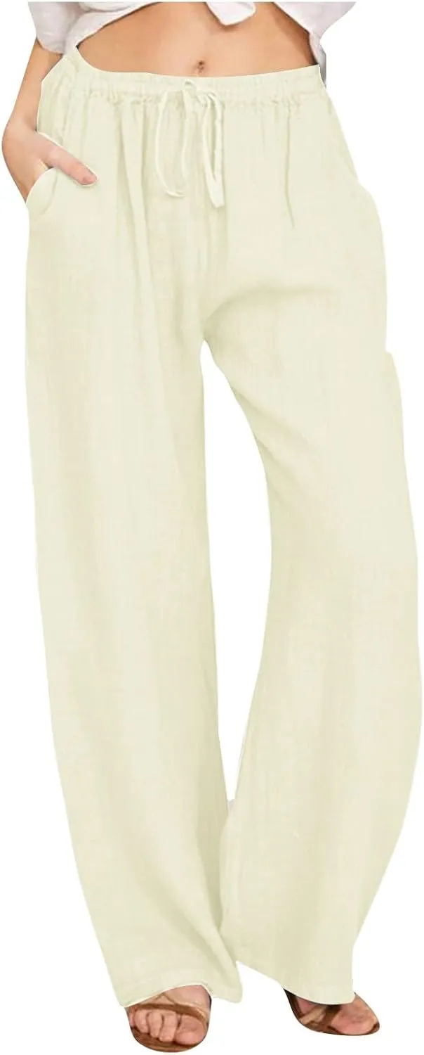 Cotton Linen Pants Women Summer 2025 Wide Leg High Waist Trousers Breathable Resort Wear Wrinkle-Free Casual Pants