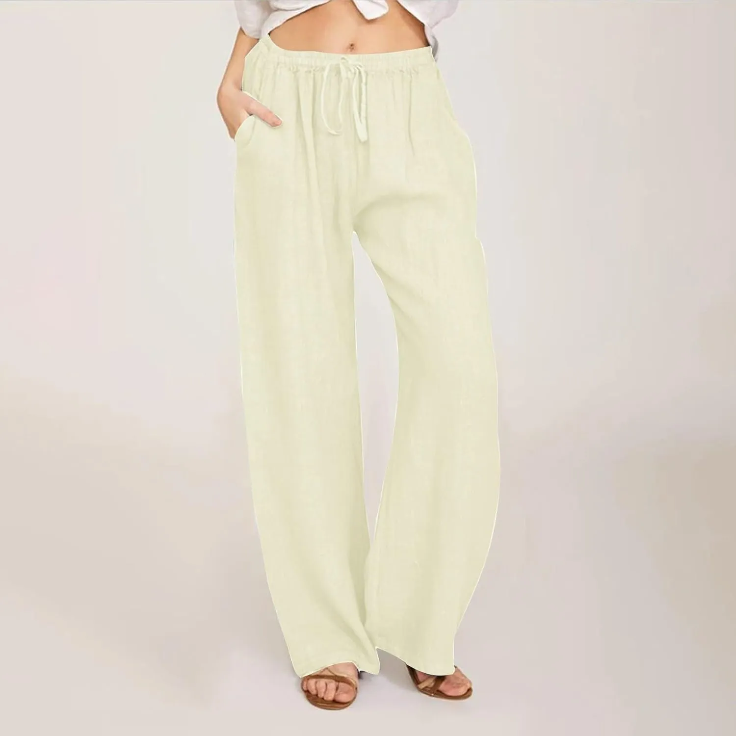 Cotton Linen Pants Women Summer 2025 Wide Leg High Waist Trousers Breathable Resort Wear Wrinkle-Free Casual Pants