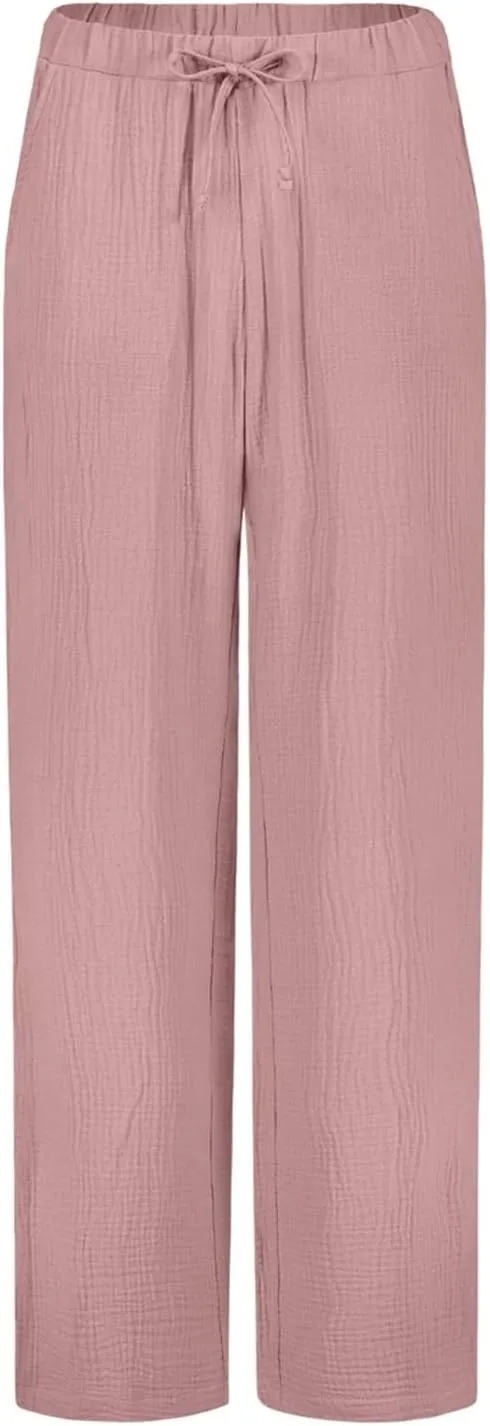 Cotton Linen Pants Women Summer Casual High Waisted Wide Leg Pants with Pockets Soft Boho Beach Trendy Trousers