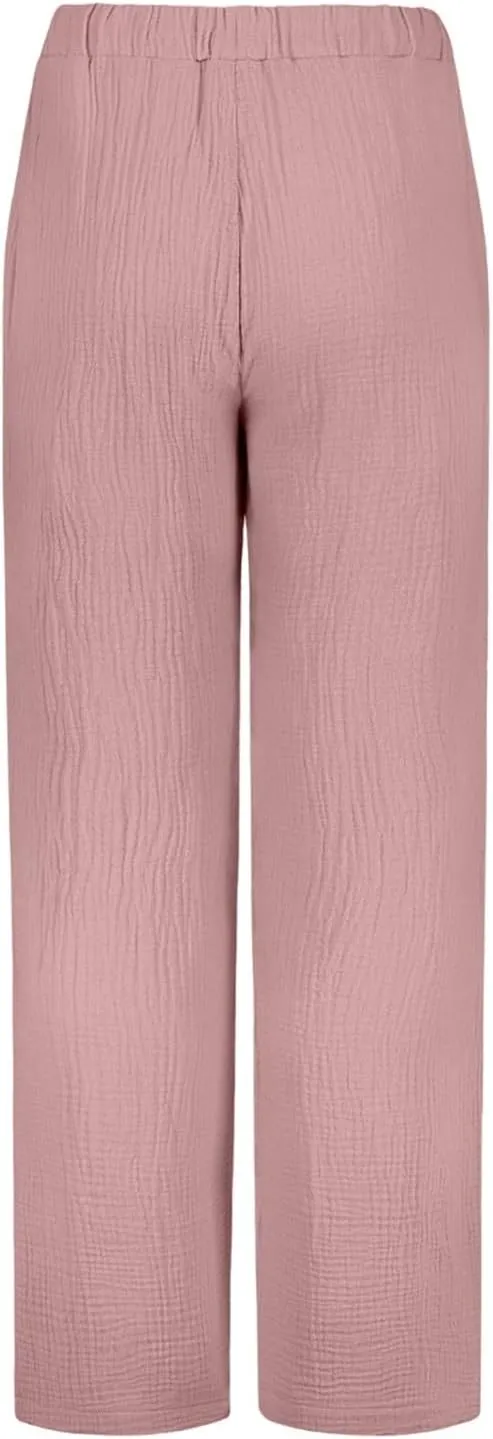 Cotton Linen Pants Women Summer Casual High Waisted Wide Leg Pants with Pockets Soft Boho Beach Trendy Trousers