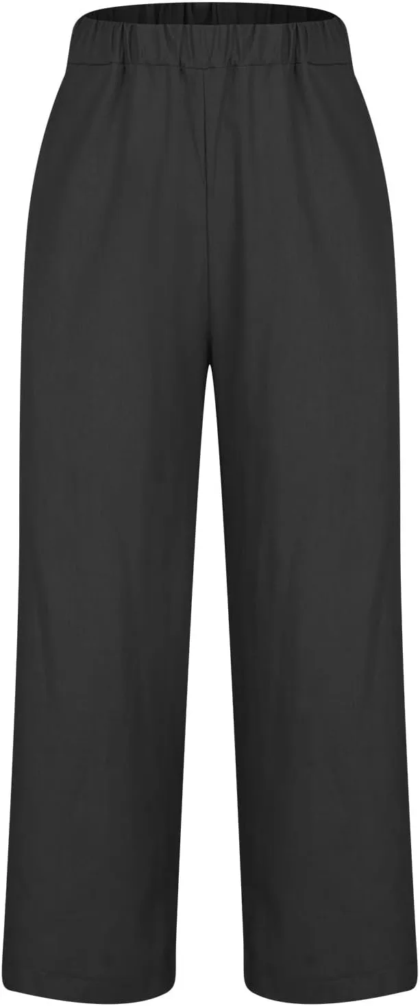 Cotton Linen Pants Women Summer Elastic Waist Crop Pants with Pocket Plus Size Straight Leg Slack Casual Trouser