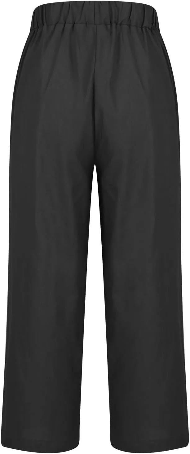 Cotton Linen Pants Women Summer Elastic Waist Crop Pants with Pocket Plus Size Straight Leg Slack Casual Trouser