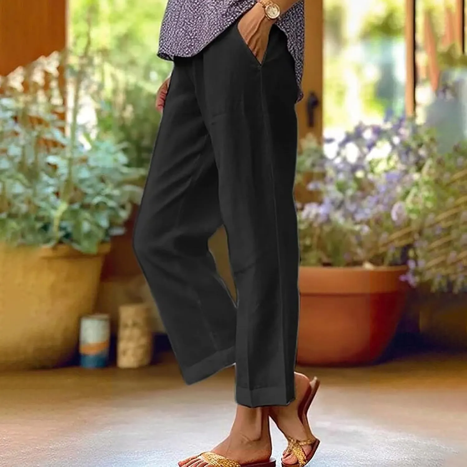 Cotton Linen Pants Women Summer Elastic Waist Crop Pants with Pocket Plus Size Straight Leg Slack Casual Trouser