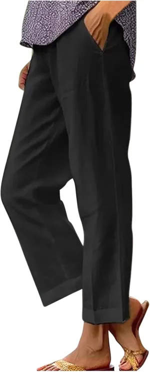 Cotton Linen Pants Women Summer Elastic Waist Crop Pants with Pocket Plus Size Straight Leg Slack Casual Trouser