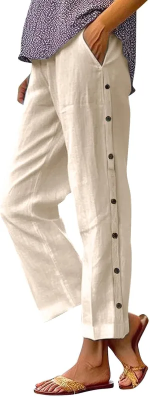 Cropped Linen Pants for Women Elastic Waist Straight Leg Cotton Pant Casual Beach Summer Slacks Trousers with Pockets