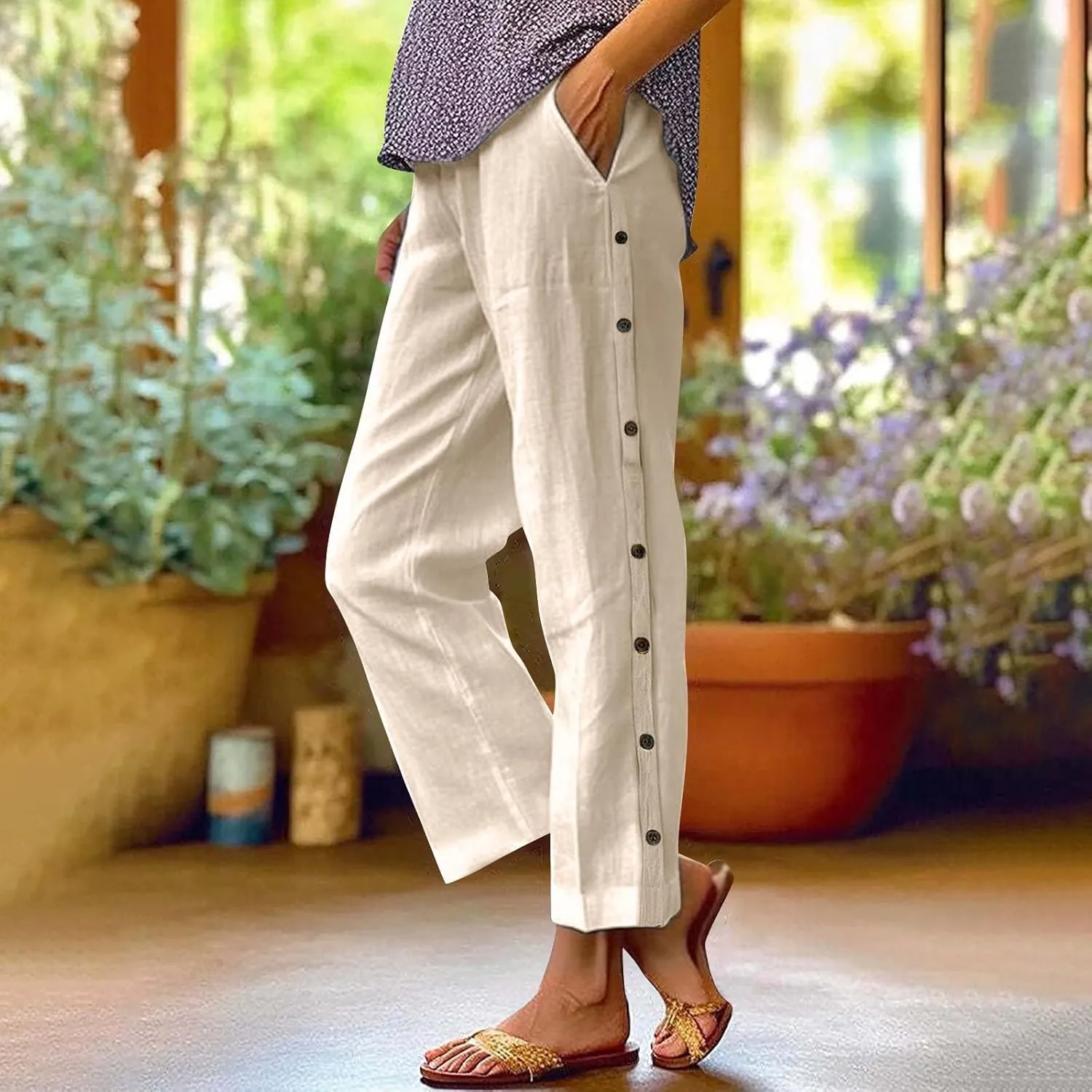 Cropped Linen Pants for Women Elastic Waist Straight Leg Cotton Pant Casual Beach Summer Slacks Trousers with Pockets
