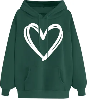 Cute Hooded Sweatshirt For Women 2024 Casual Long Sleeve Heart Graphic Hoodies Loose Comfy Fall Fashion Pullovers