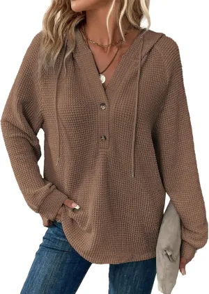 Dokotoo Hoodies for Women Waffle Knit Long Sleeve Drawstring Button V Neck Casual Pullover Sweatshirt Hooded Tops