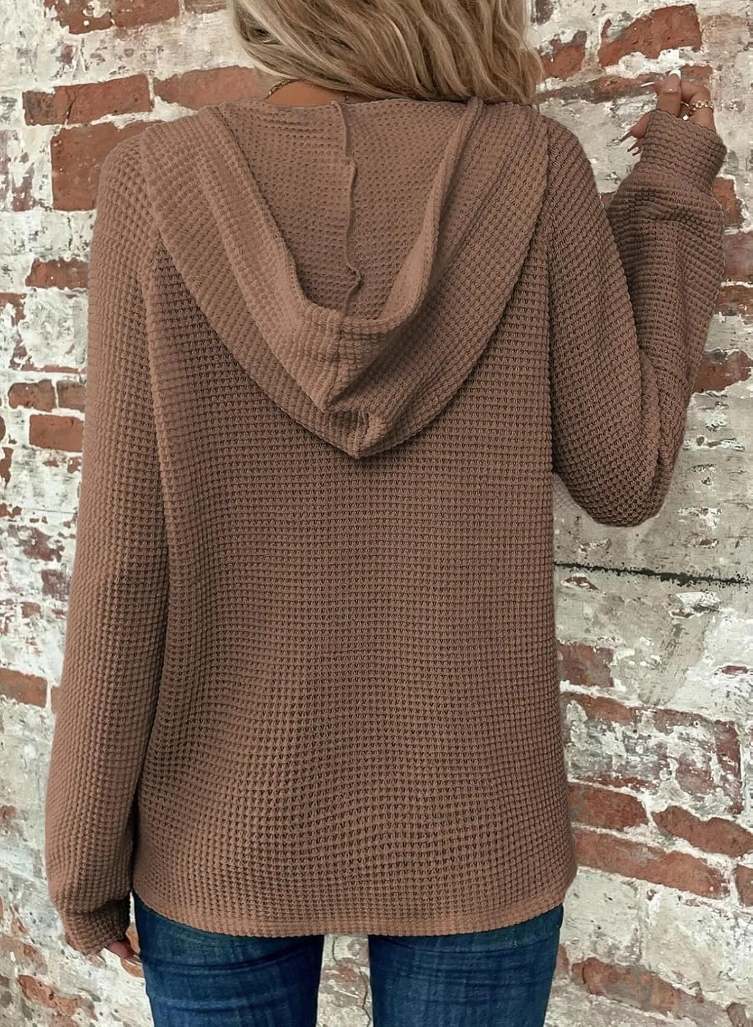 Dokotoo Hoodies for Women Waffle Knit Long Sleeve Drawstring Button V Neck Casual Pullover Sweatshirt Hooded Tops