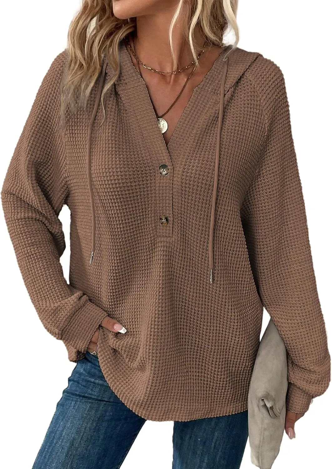 Dokotoo Hoodies for Women Waffle Knit Long Sleeve Drawstring Button V Neck Casual Pullover Sweatshirt Hooded Tops