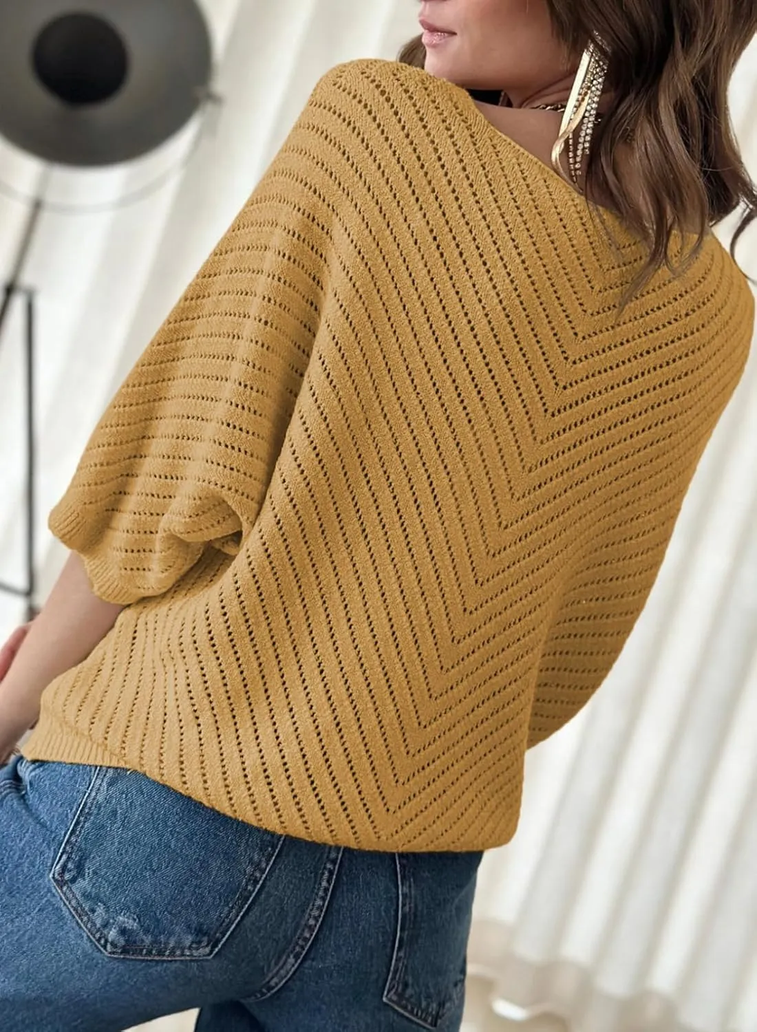 Dokotoo Women's 2025 Summer Spring Casual 3/4 Sleeve Solid Color V Neck Loose Pullover Knit Fall Sweaters Tops