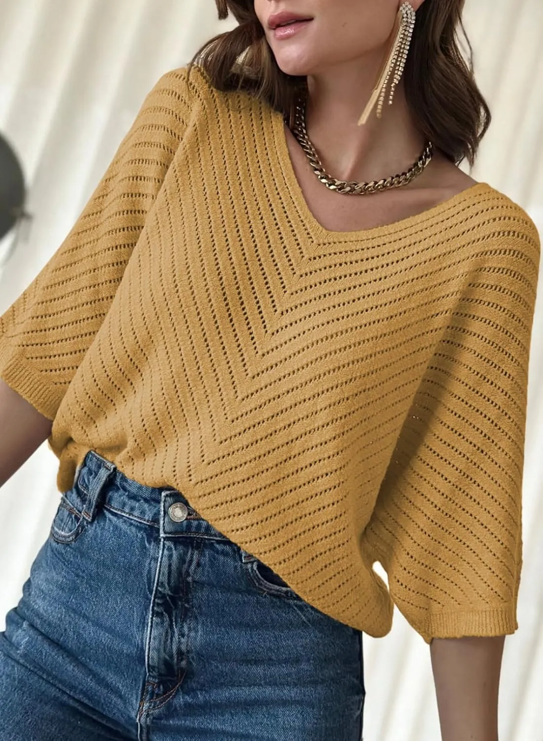 Dokotoo Women's 2025 Summer Spring Casual 3/4 Sleeve Solid Color V Neck Loose Pullover Knit Fall Sweaters Tops