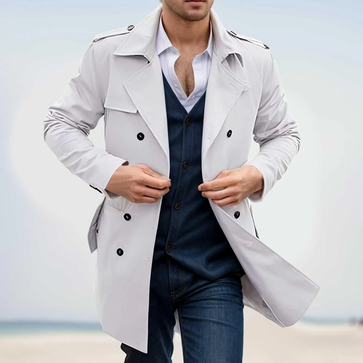 Double Breasted Trench Coat for Men Classic Slim Fit Long Jacket Stylish Outerwear for Business and Casual Winter