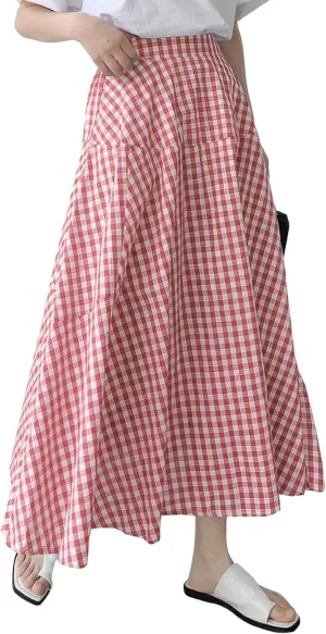 ebossy Women's Casual Retro Plaid A-Line Swing Boho Skirts Elastic Waist Flared Gingham Long Skirts