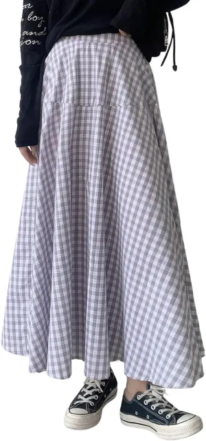 ebossy Women's Casual Retro Plaid A-Line Swing Boho Skirts Elastic Waist Flared Gingham Long Skirts