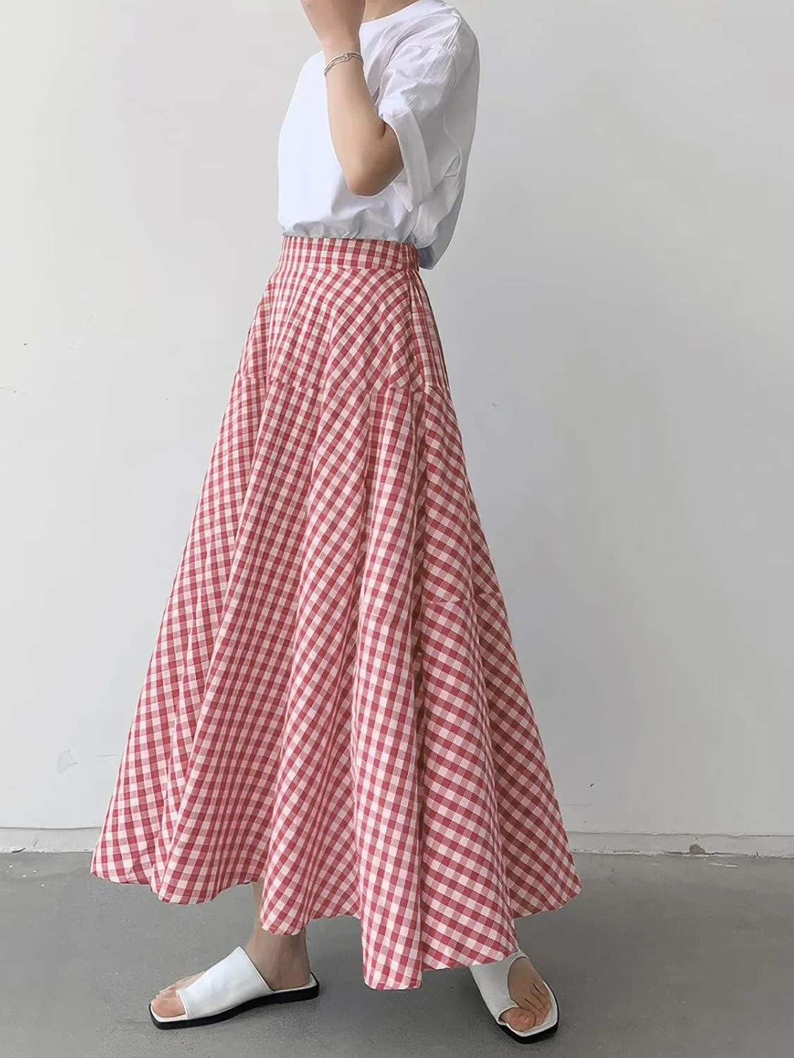 ebossy Women's Casual Retro Plaid A-Line Swing Boho Skirts Elastic Waist Flared Gingham Long Skirts