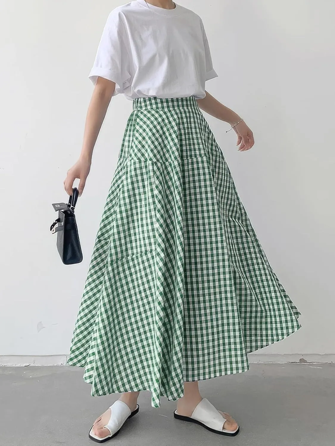 ebossy Women's Casual Retro Plaid A-Line Swing Boho Skirts Elastic Waist Flared Gingham Long Skirts