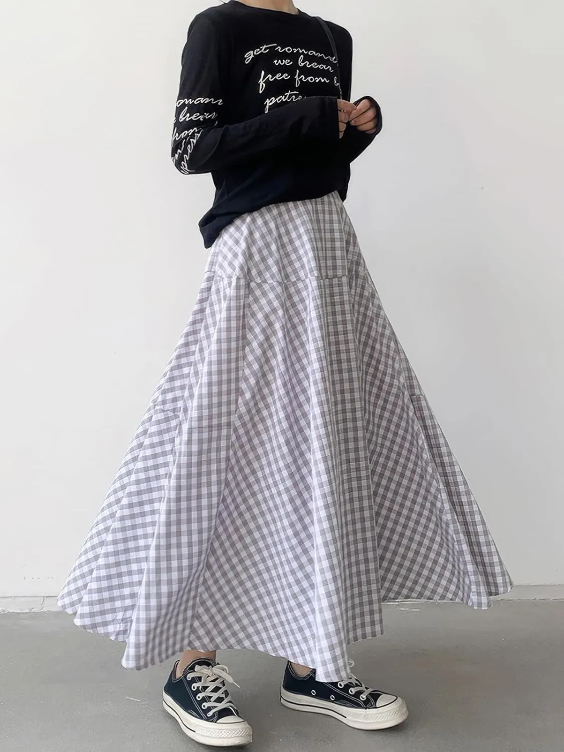 ebossy Women's Casual Retro Plaid A-Line Swing Boho Skirts Elastic Waist Flared Gingham Long Skirts