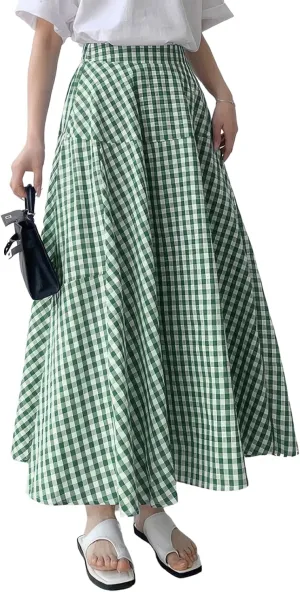 ebossy Women's Casual Retro Plaid A-Line Swing Boho Skirts Elastic Waist Flared Gingham Long Skirts