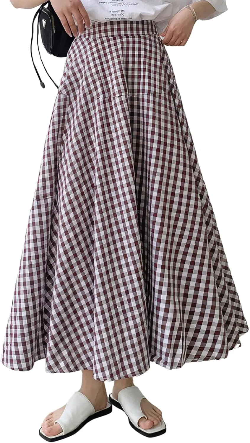 ebossy Women's Casual Retro Plaid A-Line Swing Boho Skirts Elastic Waist Flared Gingham Long Skirts
