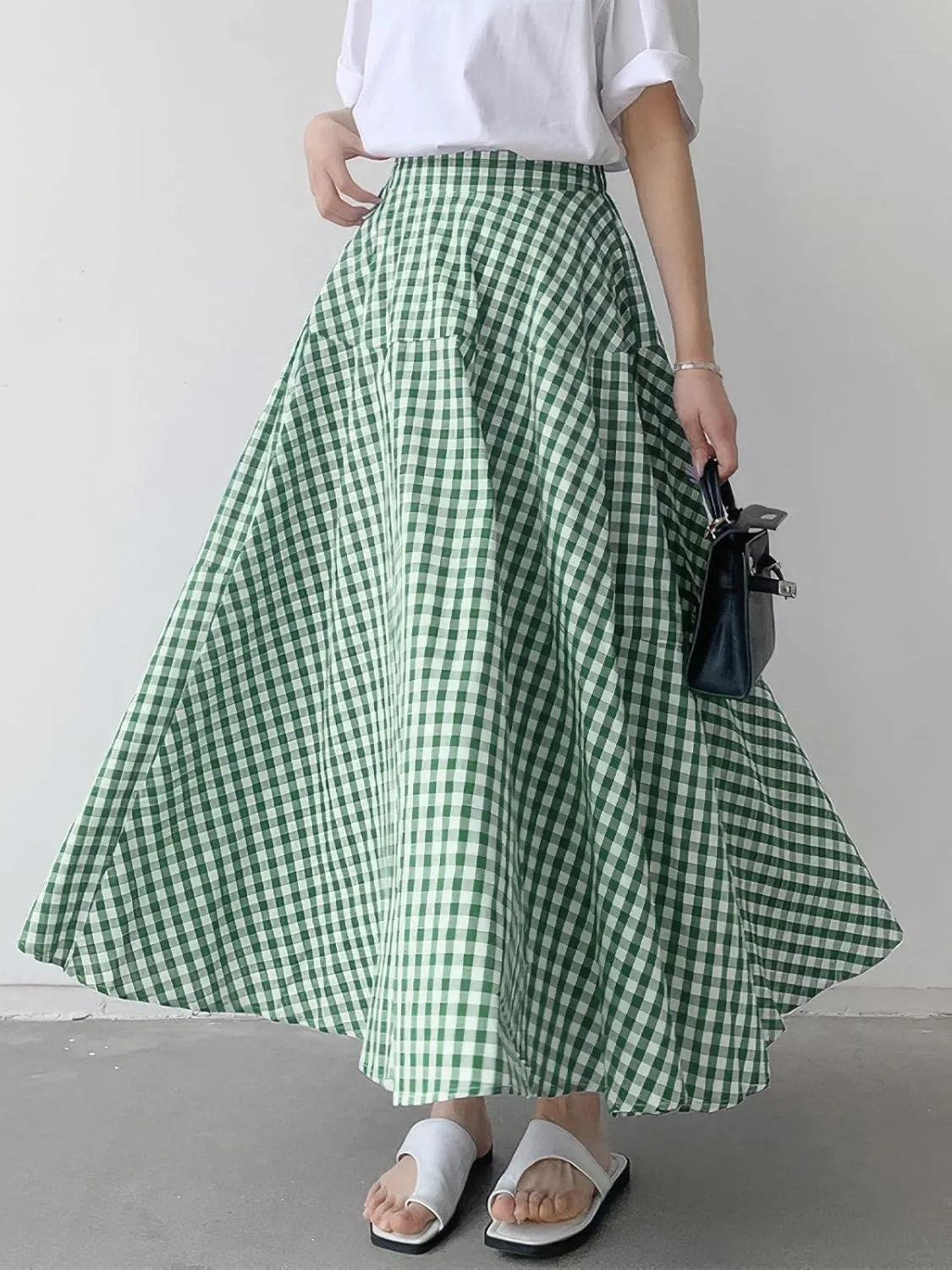 ebossy Women's Casual Retro Plaid A-Line Swing Boho Skirts Elastic Waist Flared Gingham Long Skirts
