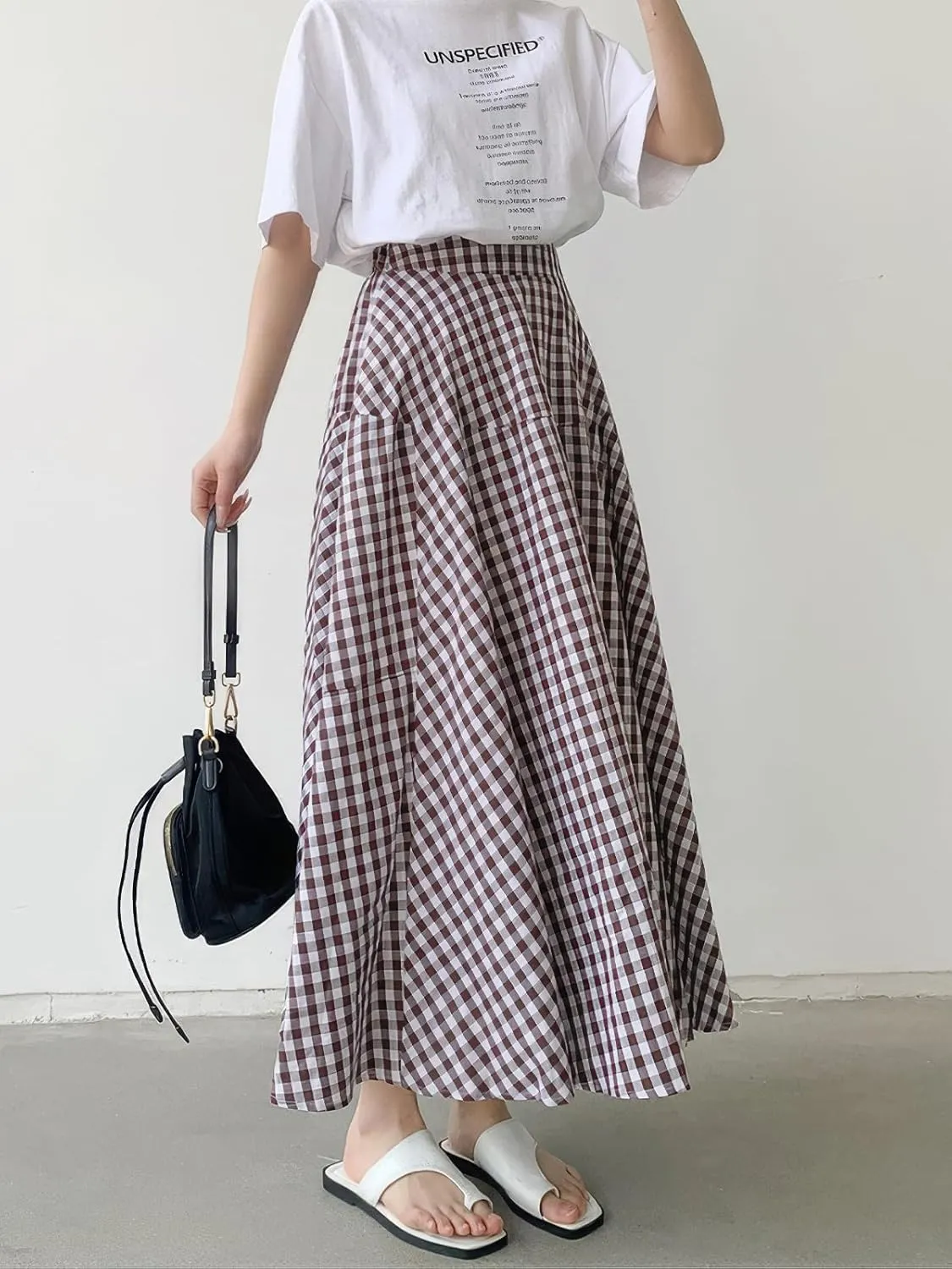 ebossy Women's Casual Retro Plaid A-Line Swing Boho Skirts Elastic Waist Flared Gingham Long Skirts