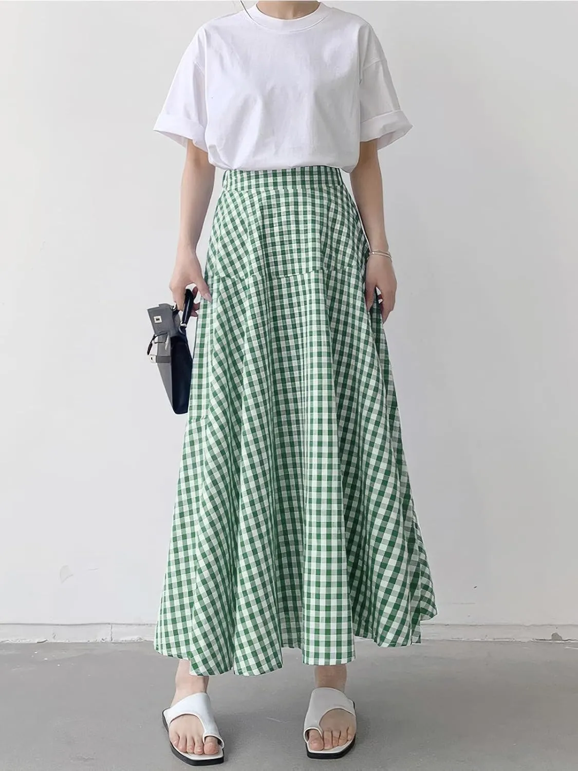 ebossy Women's Casual Retro Plaid A-Line Swing Boho Skirts Elastic Waist Flared Gingham Long Skirts