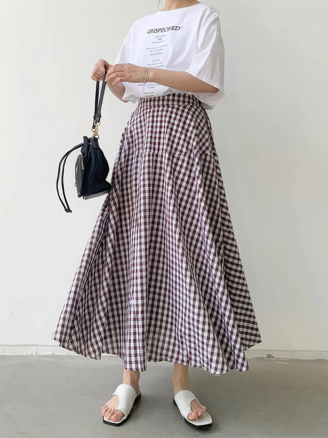 ebossy Women's Casual Retro Plaid A-Line Swing Boho Skirts Elastic Waist Flared Gingham Long Skirts
